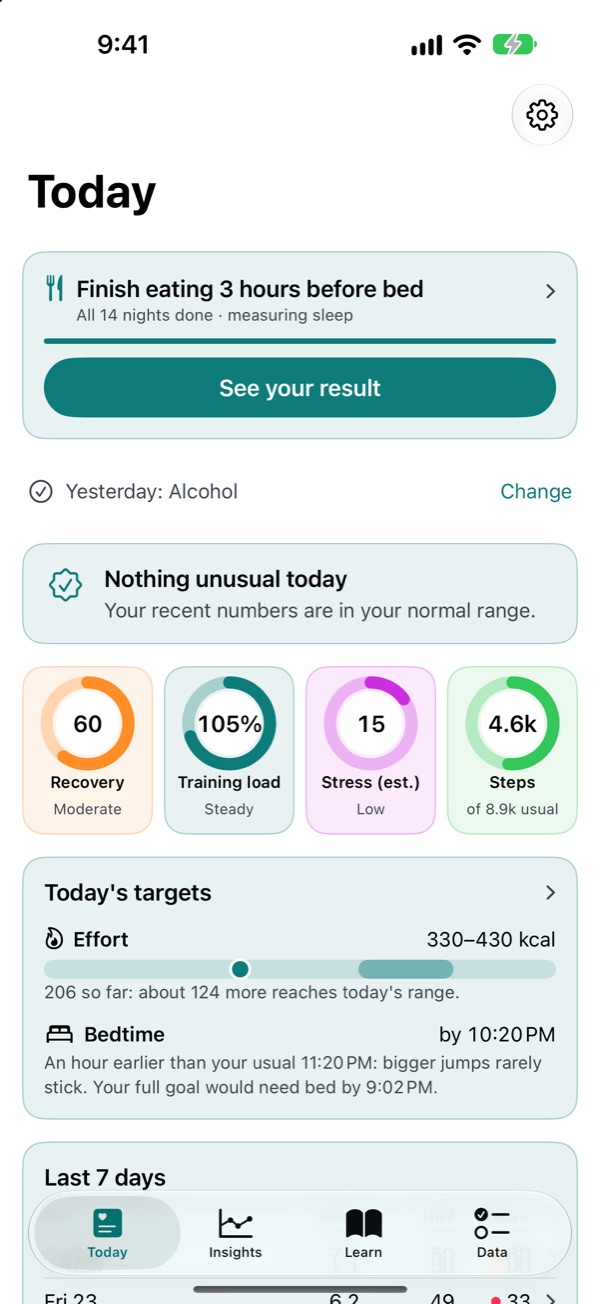 Hunch's Today screen with recovery, training load, stress and steps rings